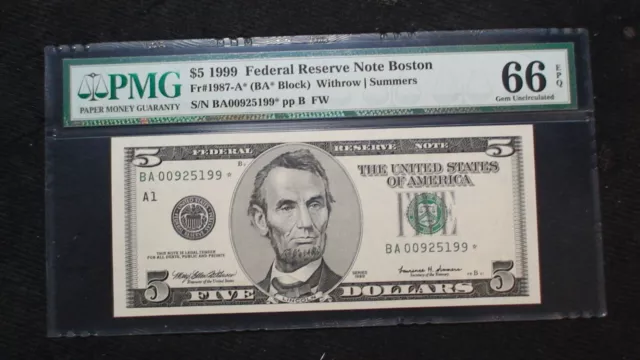 1999 BOSTON Five Dollar PMG GEM UNC 66 EPQ Federal Reserve STAR NOTE $5 BILL!