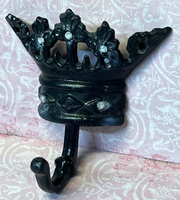 Crown Coat Hook Black & Silver Cast Iron Single Wall Hanger Diamond Look Preown
