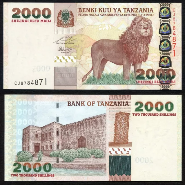 Tanzania 2000 shillings 2009 Kilimanjaro Lion & Zanzibar Fortress P37b UNC
