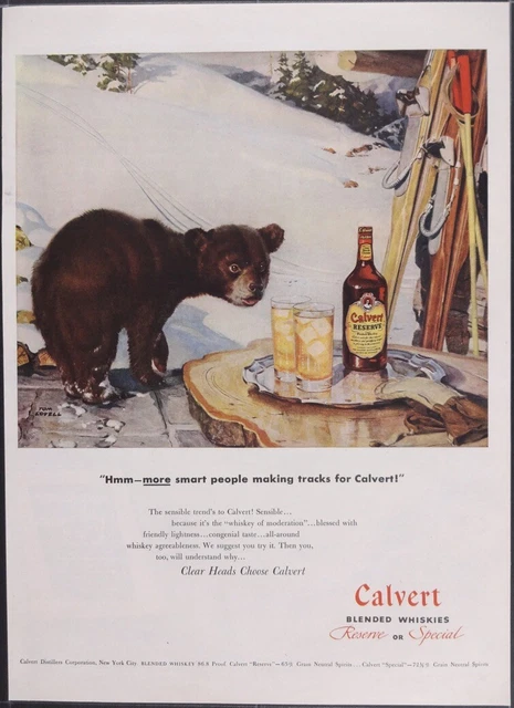 Vintage Magazine Ad 1947 Calvert Whiskey Bear Cub Skiing artist Tom Lovell