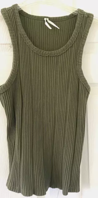Anthropologie Women's Ribbed Wide Strap Round Neck Tank Top Size M Olive Green