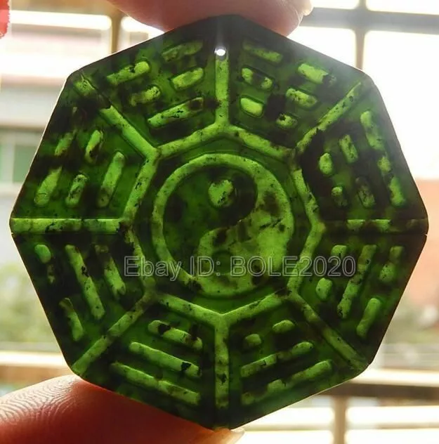 Natural Black Green Jade Carved Chinese BaGua Lucky Pendant + Rope Necklace