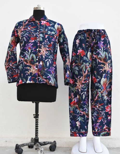 Indiano Pj Set Abiti Blu Uccello Stampa Abbigliamento Notte Handmade Sonno UK