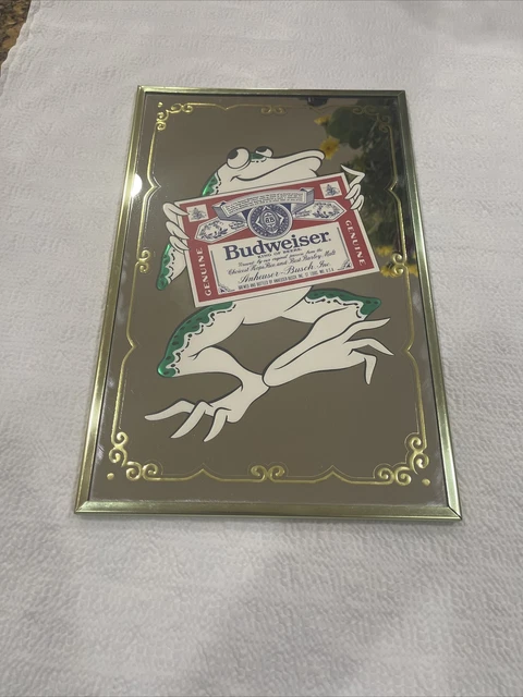 Vintage Budweiser King Of Beers Gold Frame Frog Mirror 14” X 9” Anheuser Busch