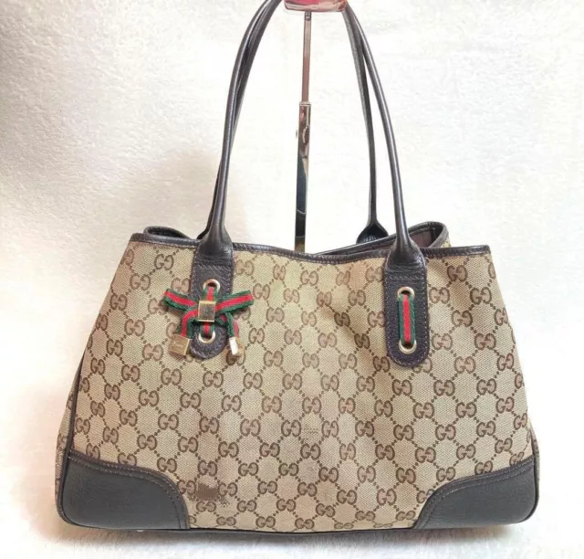 Gucci Sherry Line Handbag Shoulder bag tote Princy ribbon GG Canvas brown