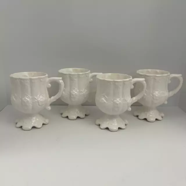 Set of 4 Vintage Mugs Cups Footed Pedestal White Floral