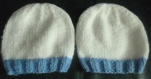 Twins Premature Newborn Baby Boy 9" 23 Cms Beanie Hats Hand Knitted White/Blue