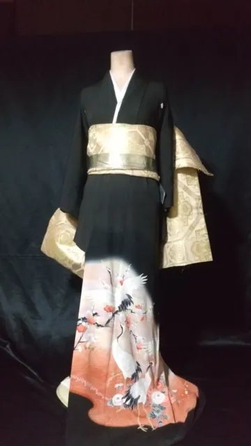 Japanese kimono Tomesode Black Robe Made in Japan Vintage & Kimonohanger set