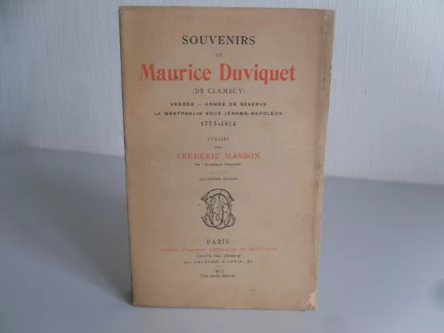 Souvenirs de Maurice Duviquet de Clamecy Frédéric Masson Vendée livre ancien