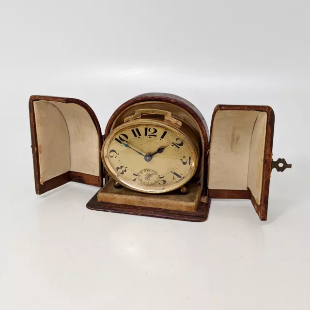 vintage Art Deco small travel alarm Clock in Fitted Leather Case, Bayard France