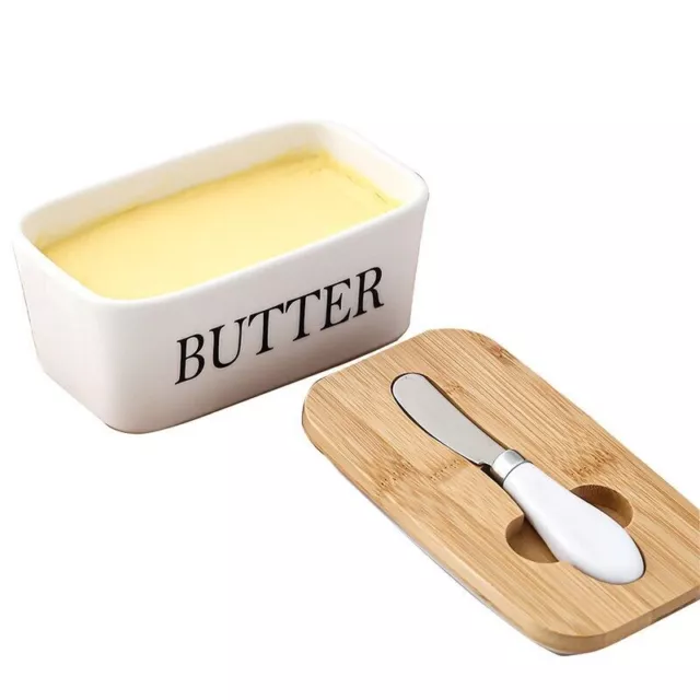 Ceramic Butter Dish Box Storage Tray Container w/ Bamboo Lid & Butter Cutter 2