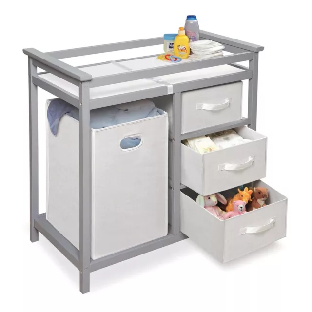 Badger Basket Modern Changing Table With 3 White Baskets And Hamper - Gray 2