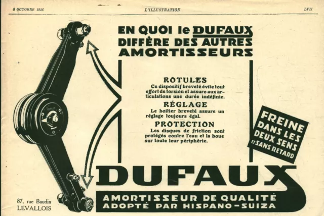 Publicité ancienne automobile amortisseur  Dufaux 1926 issue de magazine