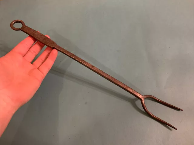 18th Century Exceptional Hand Forged Iron Hearth Fork W White smith Finish 2Tine
