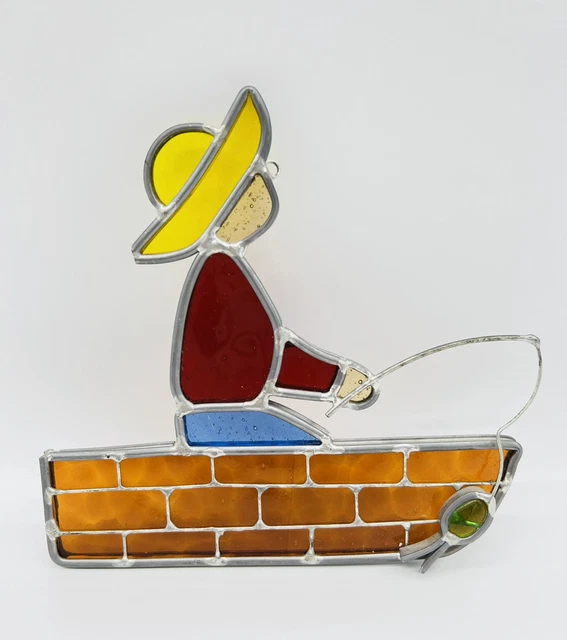 Vintage  Stained Glass Fisherman in Boat Suncatcher Window Hanging Ornament