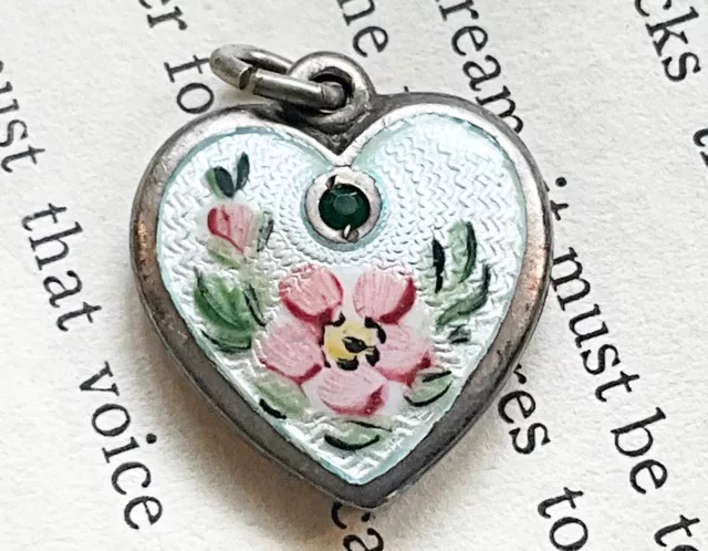 Antique Vintage Sterling & Enamel Puffy Heart Charm w/ Green Stone Walter Lampl