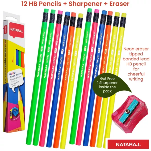 NATARAJ Neon HB Pencils With Rubber Tip + Sharpener Pack Quality Writing Pencils