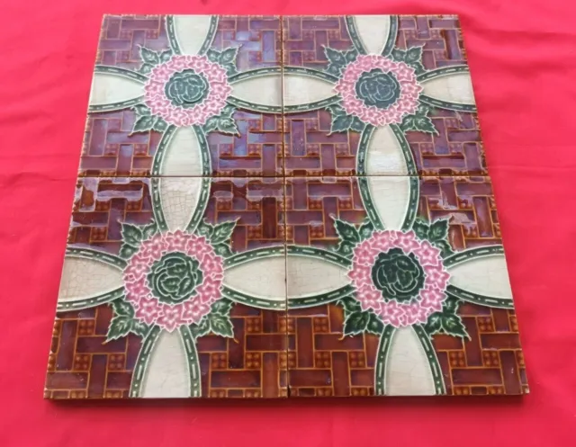 4 Piece Lot Old Art Flower Design Embossed Majolica Ceramic Tiles England 0200 2