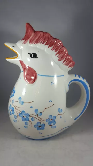 VINTAGE HAND PAINTED ROOSTER PITCHER CERAMIC BLUE FLORAL ON WHITE 10.5" VGC 32oz