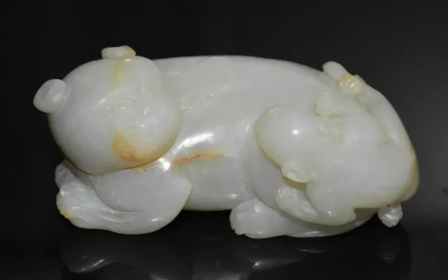 Finely Chinese Qing Dy Old Jade Carved Animal On Cat Design "Bai Jian" L 11.0 CM