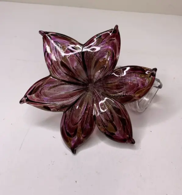 Art Glass Flower Purple Brown Iridescent 6 Petals Curled Stem 5.5" Wide