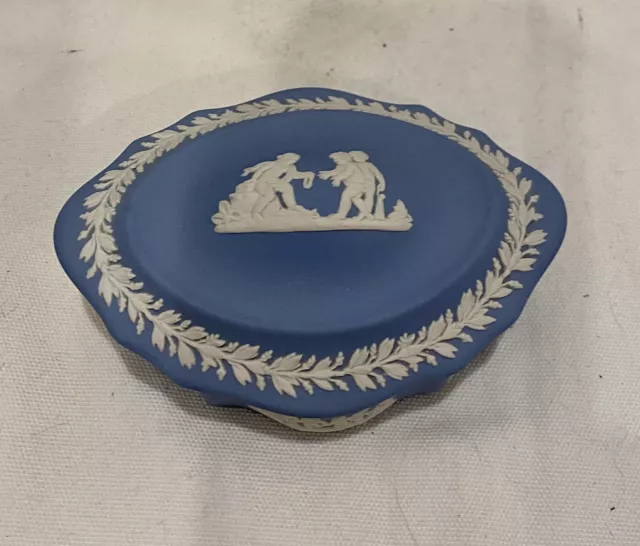 Wedgewood Blue Jasperware Scalloped Oval Lid Trinket Box /Marked-Nice