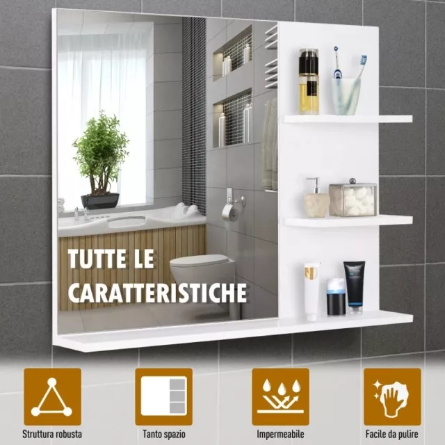 Mobiletto Pensile Bagno con Specchio e 3 Ripiani in MDF Bianco 60 x 10 x 48cm