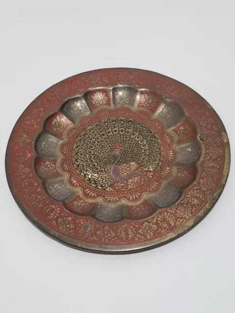 Vintage Brass Peacock Decorative Wall Hanging Plate 7.5" Floral