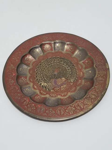 Vintage Brass Peacock Decorative Wall Hanging Plate 7.5" Floral