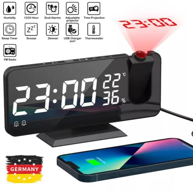 LED FM Radiowecker mit Projektion Digital Dimmbar Tischuhr Dual Alarm USB Wecker