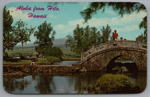 Hilo HI Aloha from Hilo Hawaii Mauna Kea Stone Bridge c1960 Chrome Postcard