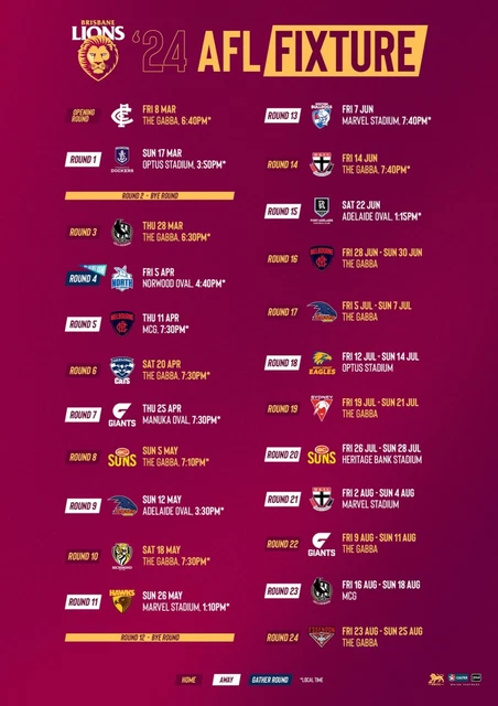 Fixture Post Football BRISBANE LIONS 2024 Match Fixture Team Poster, Free Post, Bargain ...