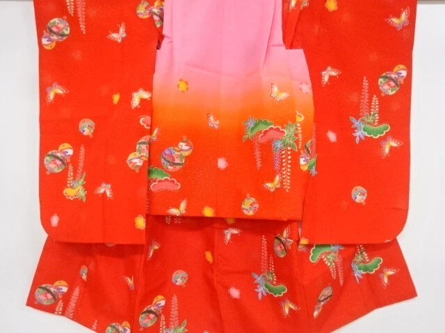 45092# JAPANESE KIMONO / ANTIQUE KIMONO & HIFU SET FOR GIRLS / BUTTERFLY &am