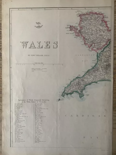 1863 Carnarvonshire & Anglesey Wales Antique Hand Coloured Weekly Dispatch Map