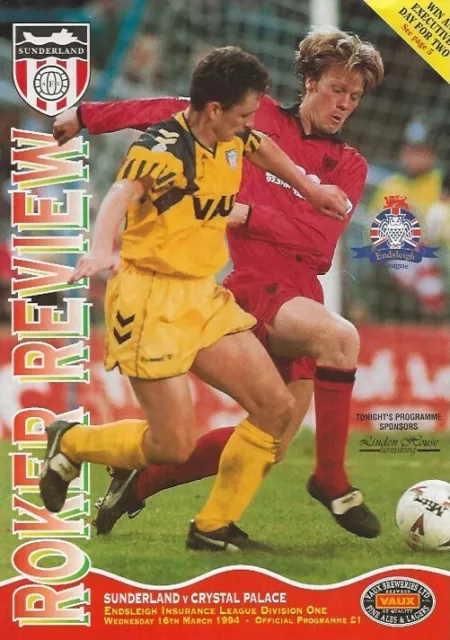 Sunderland v Crystal Palace (Champions) Division One 16th March 1994