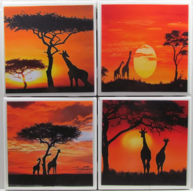 Handmade Stone Ceramic Tile Marble Drink Coasters - Set of 4 - African Sunset 8C