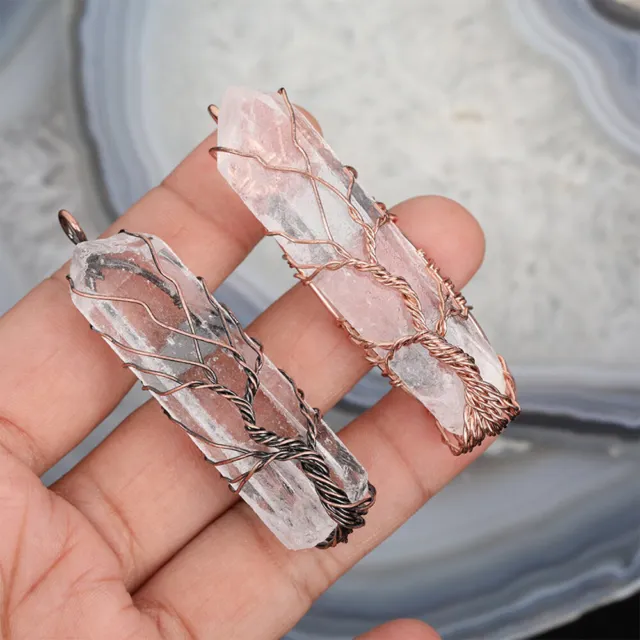 1PC Clear Quartz Point Tree of Life Pendant Wire Wrapped Copper Crystal Necklace
