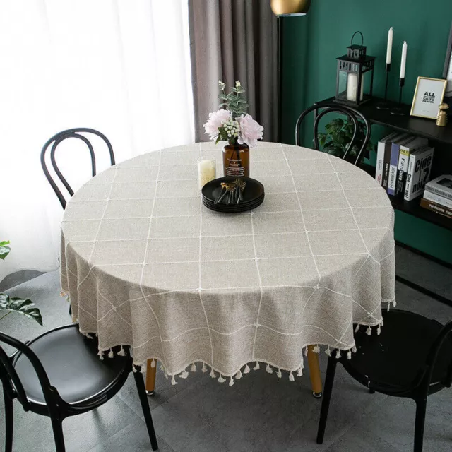 Table Cloth Wrinkle Free Stitching Tassel Cotton Linen Washable Round Tables