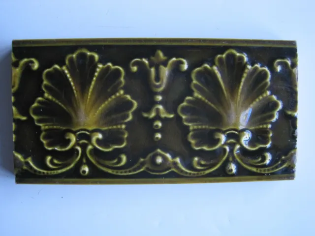 ANTIQUE VICTORIAN 6" x 3" MOULDED MAJOLICA  AESTHETIC OLIVE GREEN BORDER TILE