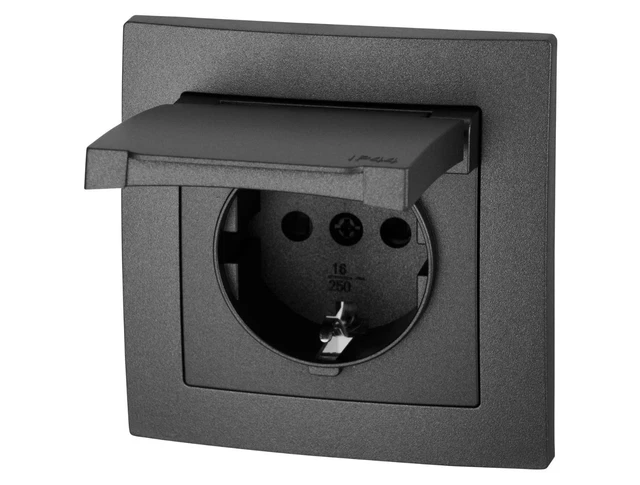 Prise Encastrée IP44 Couvercle Rabattable Anthracite Borne - pour Zones Humides