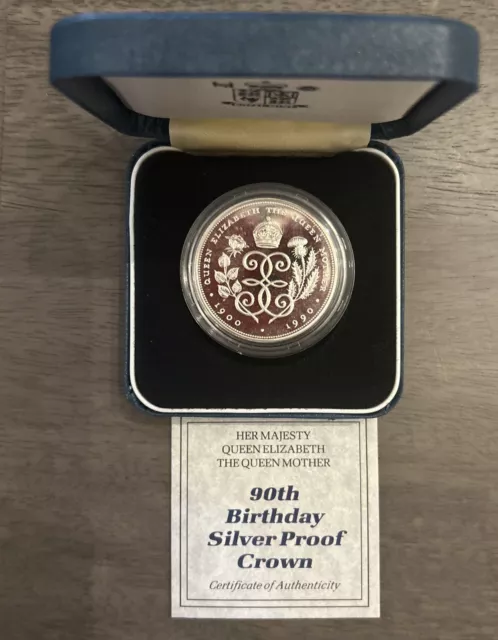 UK Crown .925 1990 Silver Proof Commemorative Queen Mother 90th Birthday