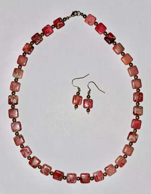 Square Jasper Bead 22" Necklace and Earring Set