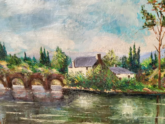 Tableau signé R SAM Paysage Bord de Rivière  Peinture huile sur toile