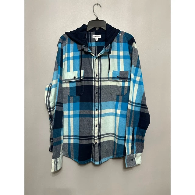 Abound Mens Shirt Jacket Blue Plaid Flannel Button Hooded Flap Pockets XL New