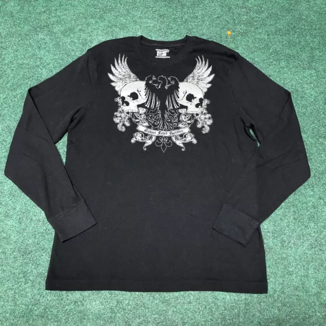 Old Navy Long Sleeve Thermal Shirt Winged Skulls Y2K Men’s XL Black Goth MMA