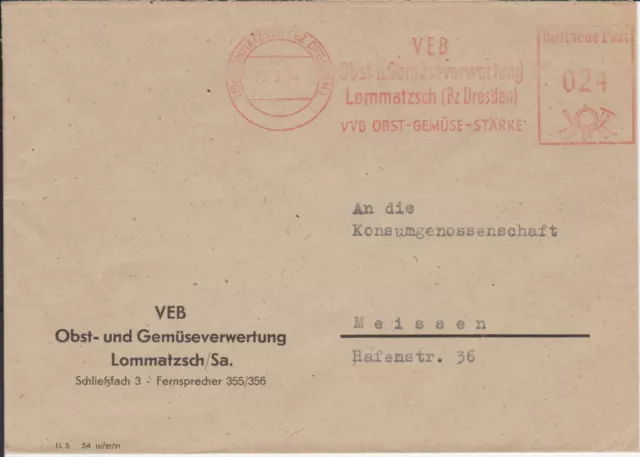 Firmenbrief mit Freistempel / AFS Lommatzsch, VEB Obst und Gemüse, 1954