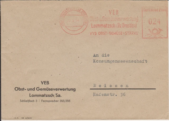 Firmenbrief mit Freistempel / AFS Lommatzsch, VEB Obst und Gemüse, 1954