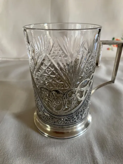 Vintage Silver 875 Kubachi Niello Tea Glass Cup Holder & Crystal glass