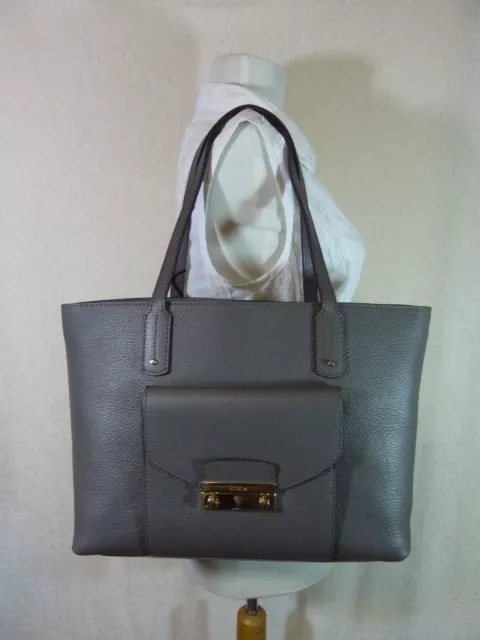 NWT FURLA Lava Gray Pebbled Leather Julia Tote Bag $398 - Made in Italy