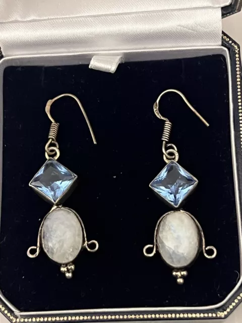 Vintage Sterling Silver Moonstone & Aquamarine Glass Drop Dangly EARRINGS